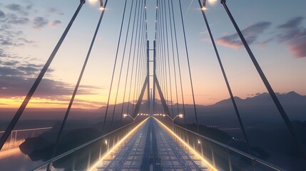 Obraz premium A modern suspension bridge illuminated at sunset, showcasing beautiful architecture and scenic mountains in the background.