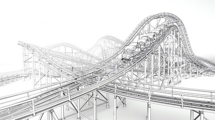 A monochrome illustration of a classic roller coaster with dynamic tracks and thrilling loops, perfect for amusement park themes.