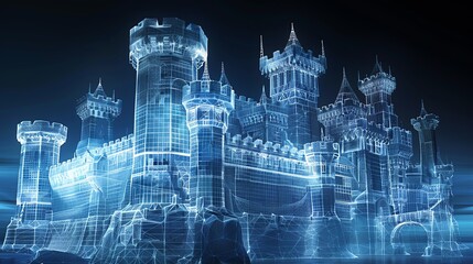 A stunning digital representation of a futuristic castle in a wireframe design, featuring intricate details and a mystical atmosphere.