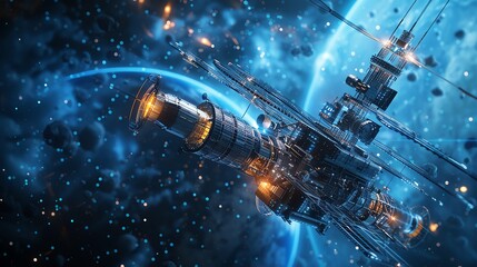 A stunning space station floating in a vibrant cosmos, surrounded by swirling galaxies and bright starlight.