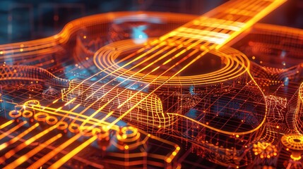 A vibrant digital representation of a guitar, showcasing intricate lines and glowing elements that highlight musical creativity.