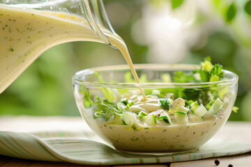 Pouring dressing on garden salad