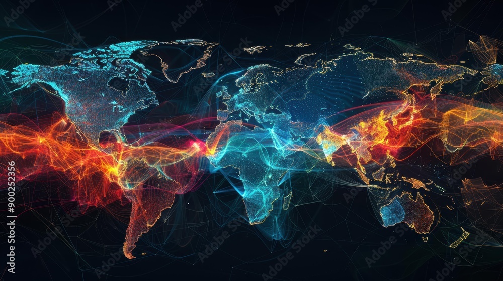 Poster A World Map With Interconnected Lines and Dots Representing Global Networks