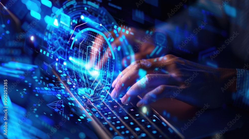 Poster a pair of hands typing on a laptop keyboard with vibrant blue and purple digital effects surrounding