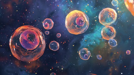 Naklejka premium An abstract representation of vibrant cells floating in a cosmic backdrop, showcasing beauty within the universe's tiny mysteries.