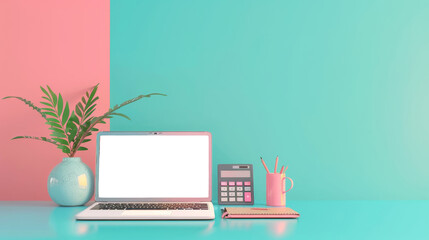 Futuristic Analysis Concept with Laptop and Calculator on Colorful Background