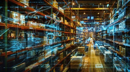 A Warehouse with Futuristic Blue Data Overlays