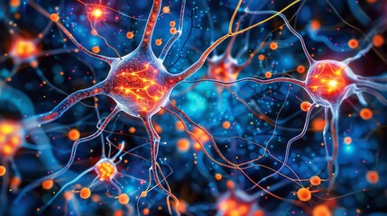 Close-up view of glowing neurons with vibrant connections, displaying the intricate beauty of the nervous system.