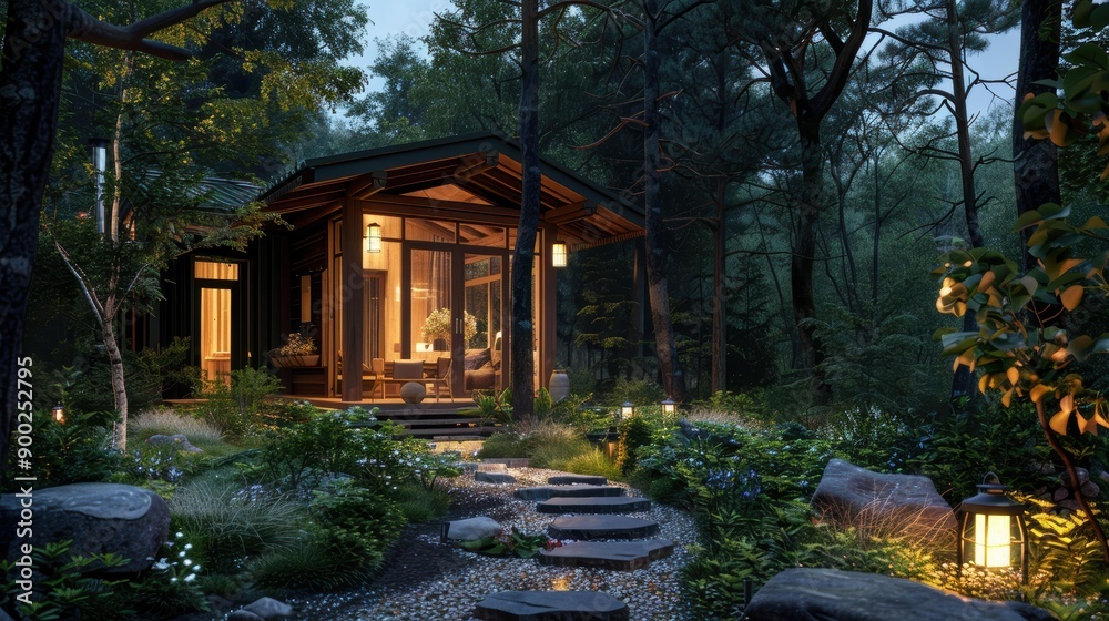 Aufkleber illuminated cabin with stone path in lush forest at dusk