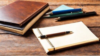 Naklejka premium A nostalgic collection of classic school supplies on an old wooden table: worn textbooks, a fountain pen, a vintage ruler, and a leather-bound notebook, evoking memories of traditional learning.