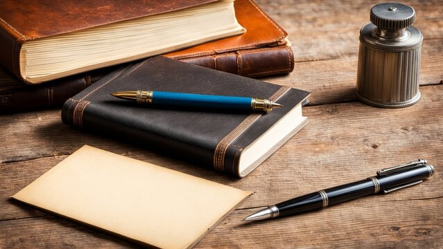A nostalgic collection of classic school supplies on an old wooden table: worn textbooks, a fountain pen, a vintage ruler, and a leather-bound notebook, evoking memories of traditional learning.
