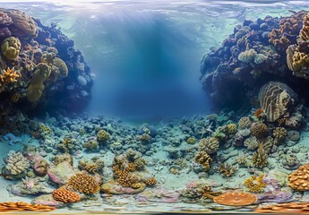 Naklejka premium A panoramic view of a coral reef ecosystem, highlighting areas of bleaching and decay alongside still thriving sections
