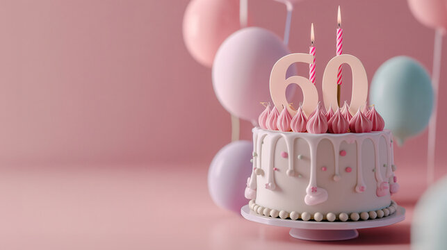 Birthday cake with big fancy burning lit candle number 60. Background for a party or an anniversary celebration with decorations and copy space for text. Plain pastel pink color tone.