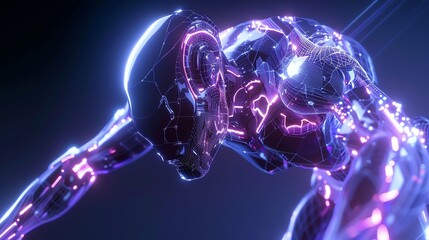Futuristic robot design with glowing elements in a dynamic pose, showcasing advanced technology and vibrant colors.
