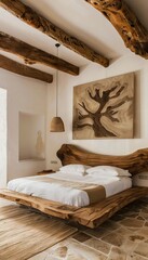 A bedroom with a large bed made out of wood and a painting on the wall