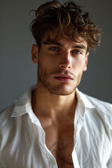 Fototapeta premium A rugged young man with a confident look posing in soft natural light