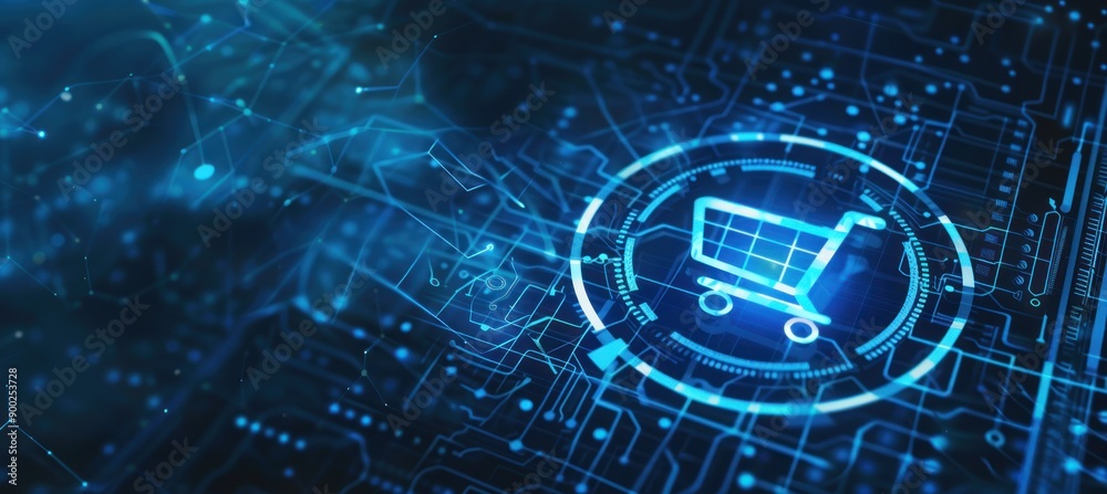 Poster a glowing shopping cart icon on a futuristic circuit board background