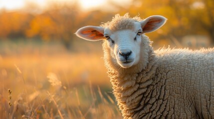 Obraz premium A sheep stands in a field of golden grass bathed in the warm light of sunset
