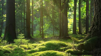 Obraz premium A serene forest scene featuring tall trees and soft moss illuminated by gentle sunlight, perfect for nature lovers.