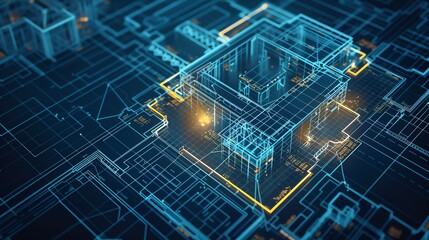 A detailed architectural wireframe illustration showcasing a modern building design in vibrant blue and yellow hues.