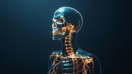 A detailed illustration of a human skeleton highlighting anatomy with glowing effects and a dark background.