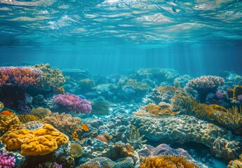 Fototapeta premium A serene underwater landscape marred by the visible effects of ocean acidification on coral reefs and marine biodiversity