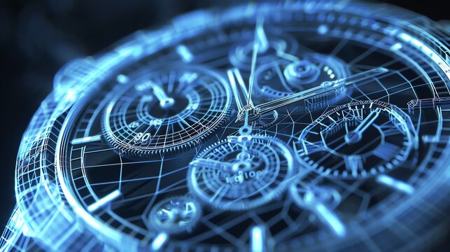 A detailed blueprint of a watch, showcasing intricate gears and mechanisms with a futuristic holographic design.