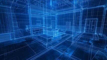 A futuristic blueprint of a modern interior design in blue tones, showcasing intricate architectural details and spatial planning.