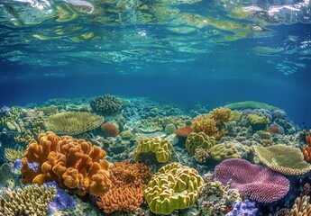 A serene underwater landscape marred by the visible effects of ocean acidification on coral reefs and marine biodiversity