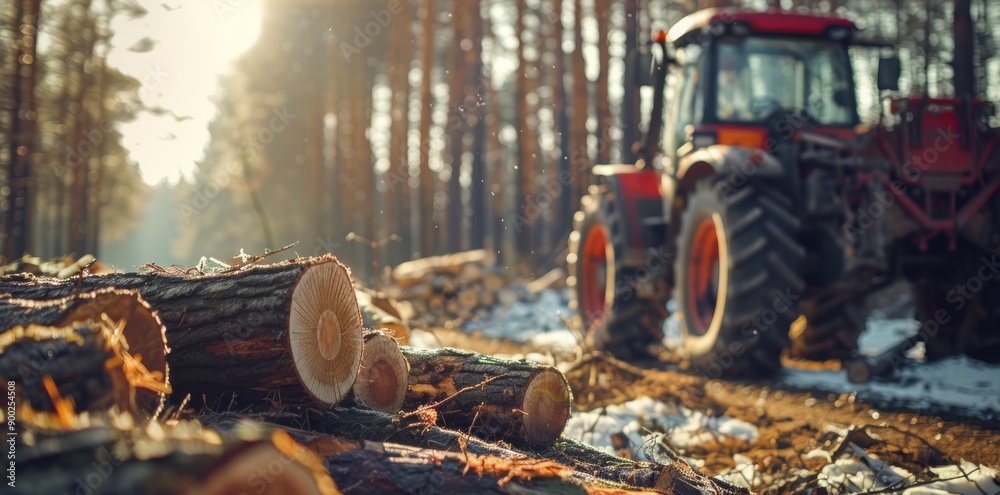 Poster Cut tree trunks in a forest with a blurry tractor in the background