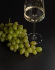 glass with red or white wine and grape isolated on black backdrop.pouring alcohol from bottle,...