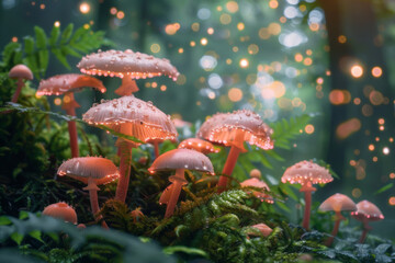 Fototapeta premium A group of delicate pink mushrooms with dew drops glowing in a mystical forest setting