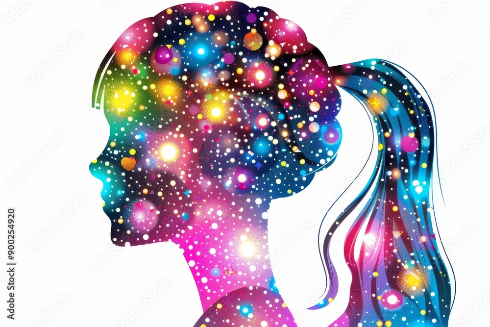 Wall mural Profile of a woman with colorful neural connections representing creativity and brain activity in vibrant hues