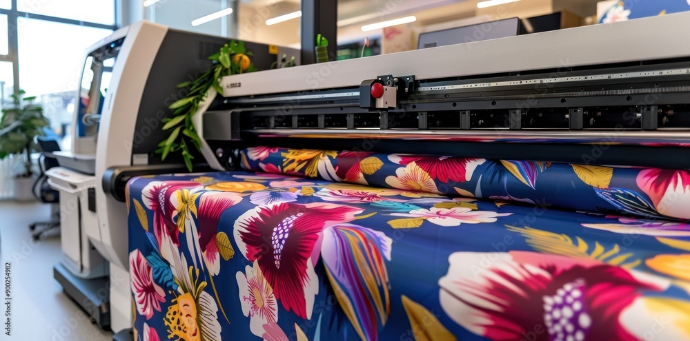 Aufkleber A Large Format Printer Working on a Roll of Fabric With a Bold Floral Pattern