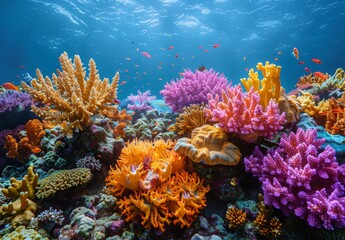 Fototapeta premium A vibrant coral reef suffering from the effects of ocean acidification, showing bleached and damaged corals surrounded by marine life