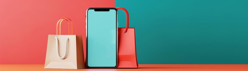 Vibrant E-Commerce Concept with Smartphone, Shopping Bags, and Text Space on Colorful Background