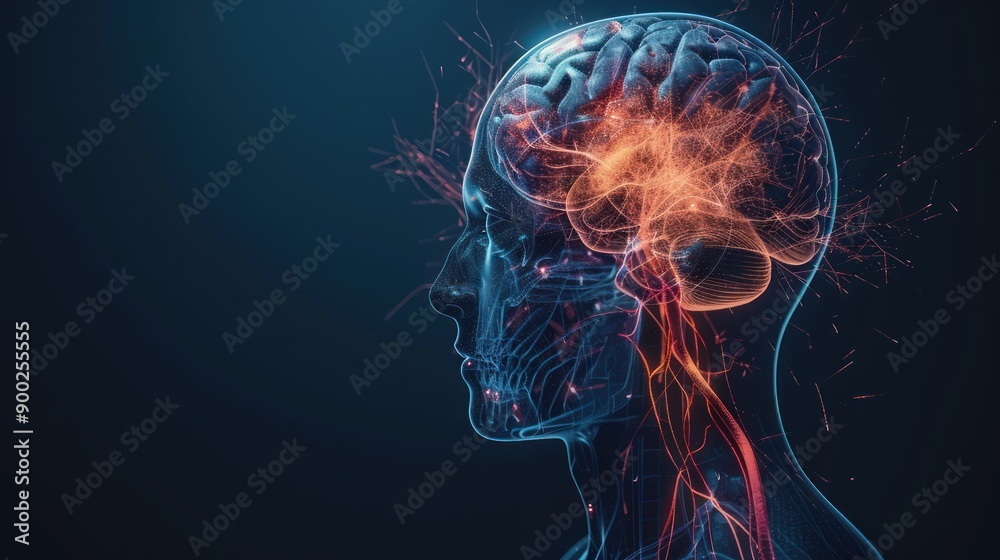 Aufkleber A 3D rendering of a glowing human brain with intricate neural connections