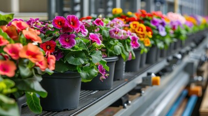 A row of vibrant flowers in black pots on a conveyor belt in a greenhouse setting