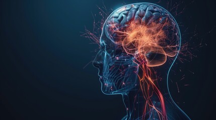 A 3D rendering of a glowing human brain with intricate neural connections