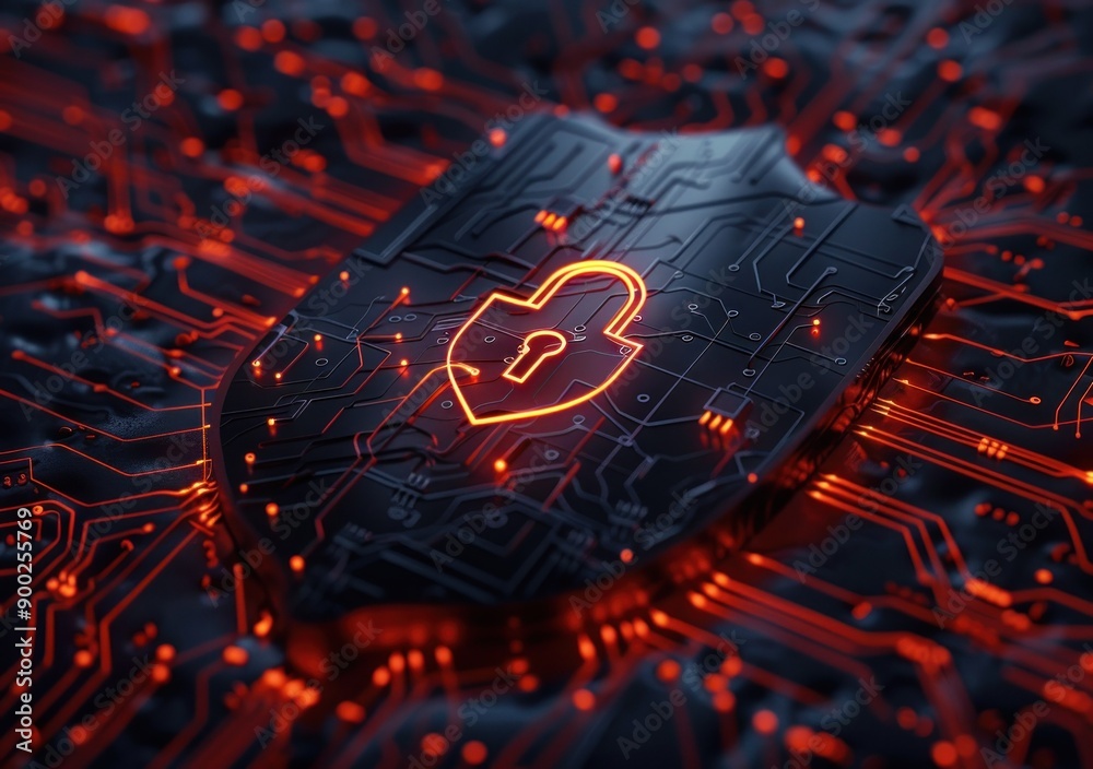 Poster A digital representation of security on a circuit board with a glowing padlock symbol