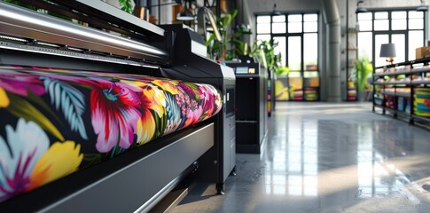 A Large Format Printer In A Modern Workshop Prints A Fabric With Vibrant Floral Patterns