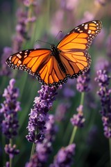 Obraz premium A bright orange monarch butterfly perched on a purple lavender flower, symbolizing the delicate beauty of friendships.