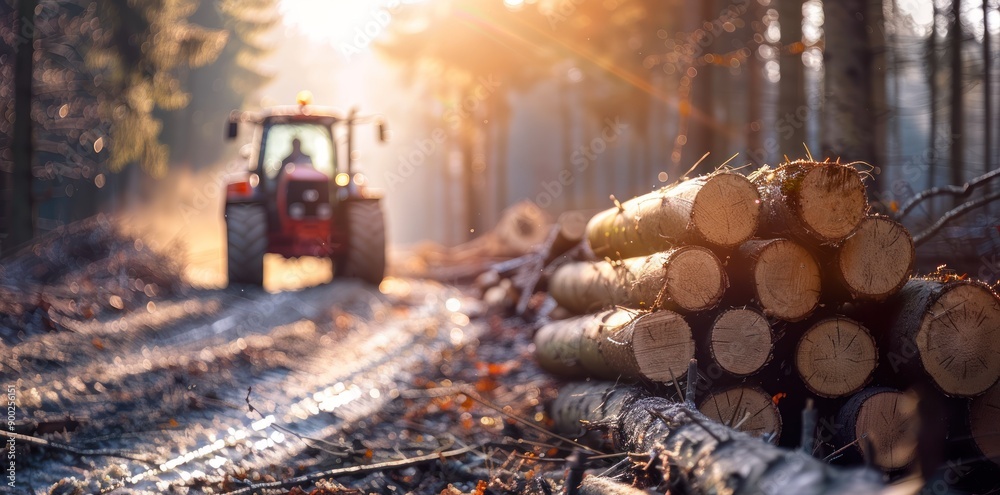 Poster A stack of logs in a forest path with a tractor in the background