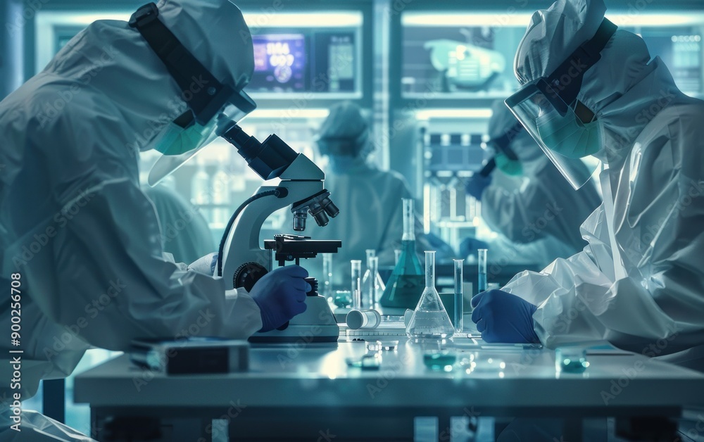 Poster The image depicts scientists in protective gear working in a laboratory setting conducting research using specialized equipment and chemical solutions