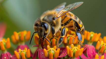 Fototapeta premium Macro Shot of Bee Pollinating Colorful Wildflower