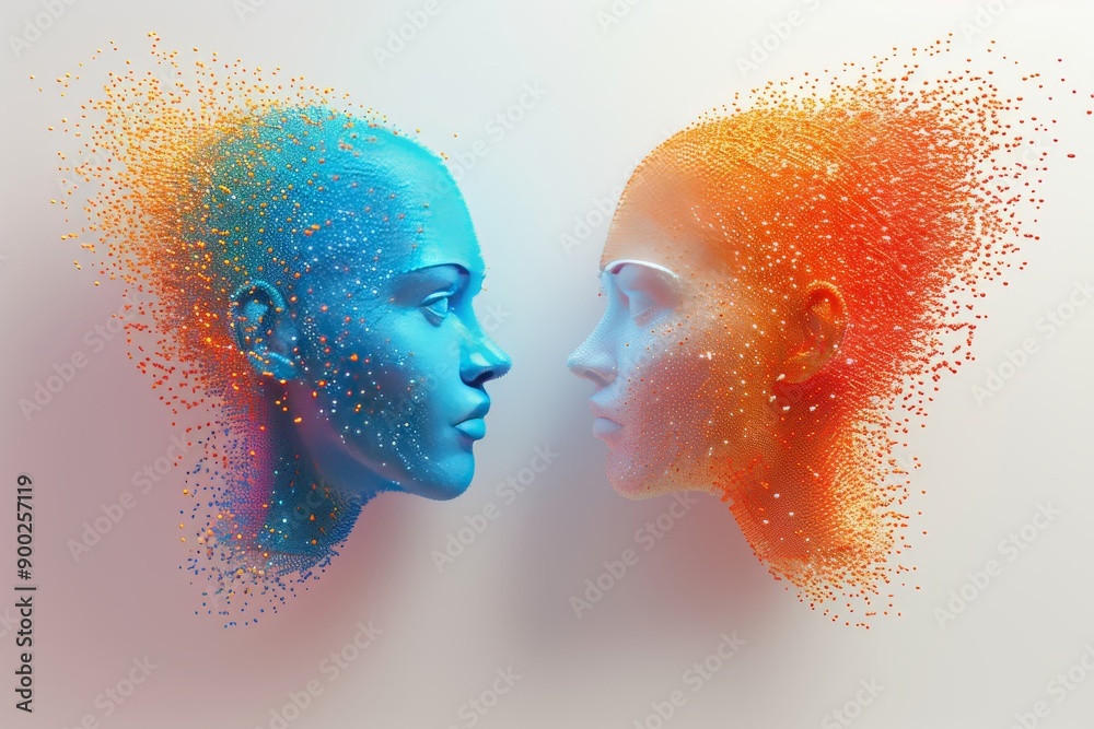 Sticker digital human heads facing each other with neural connections and orange and blue lights representin