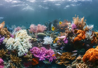 Naklejka premium A dramatic portrayal of coral bleaching caused by ocean acidification, with a variety of marine species visible in the scene
