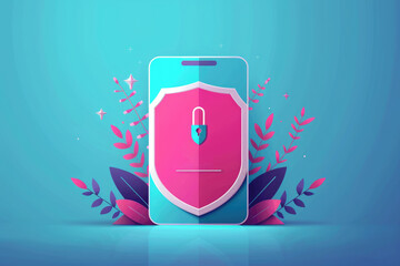 Digital security concept, smartphone displaying shield with lock symbol, surrounded by vibrant foliage, representing protection and privacy in the online world.