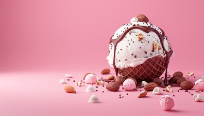 Delicious Melting Chocolate Ice Cream Scoop with Nuts and Caramel Drips on Pink Background - 3D Illustration