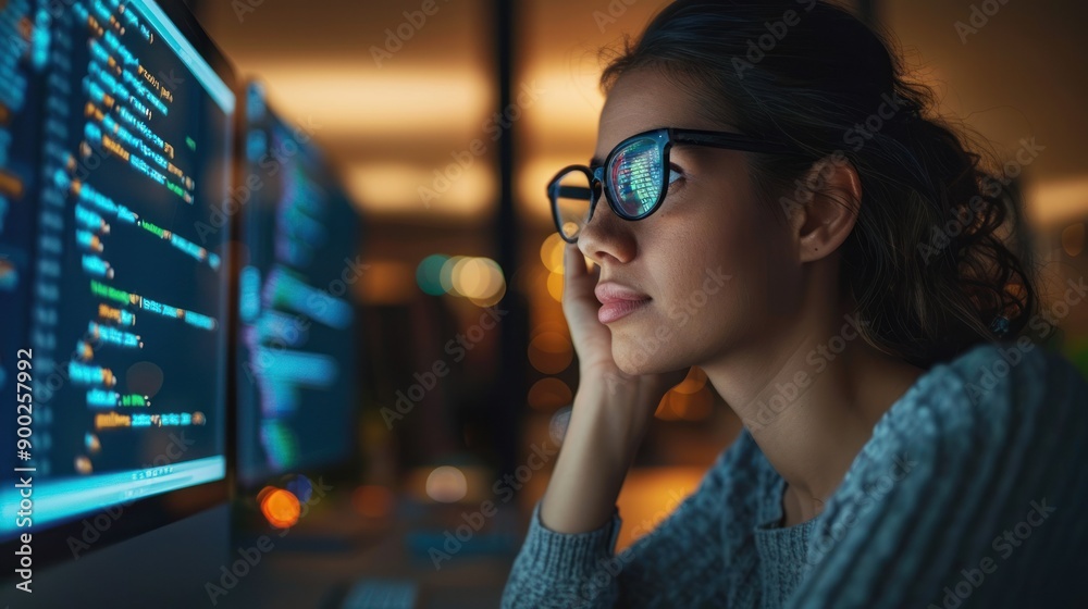 Poster a woman gazes intently at a computer screen filled with code her glasses reflecting the digital worl
